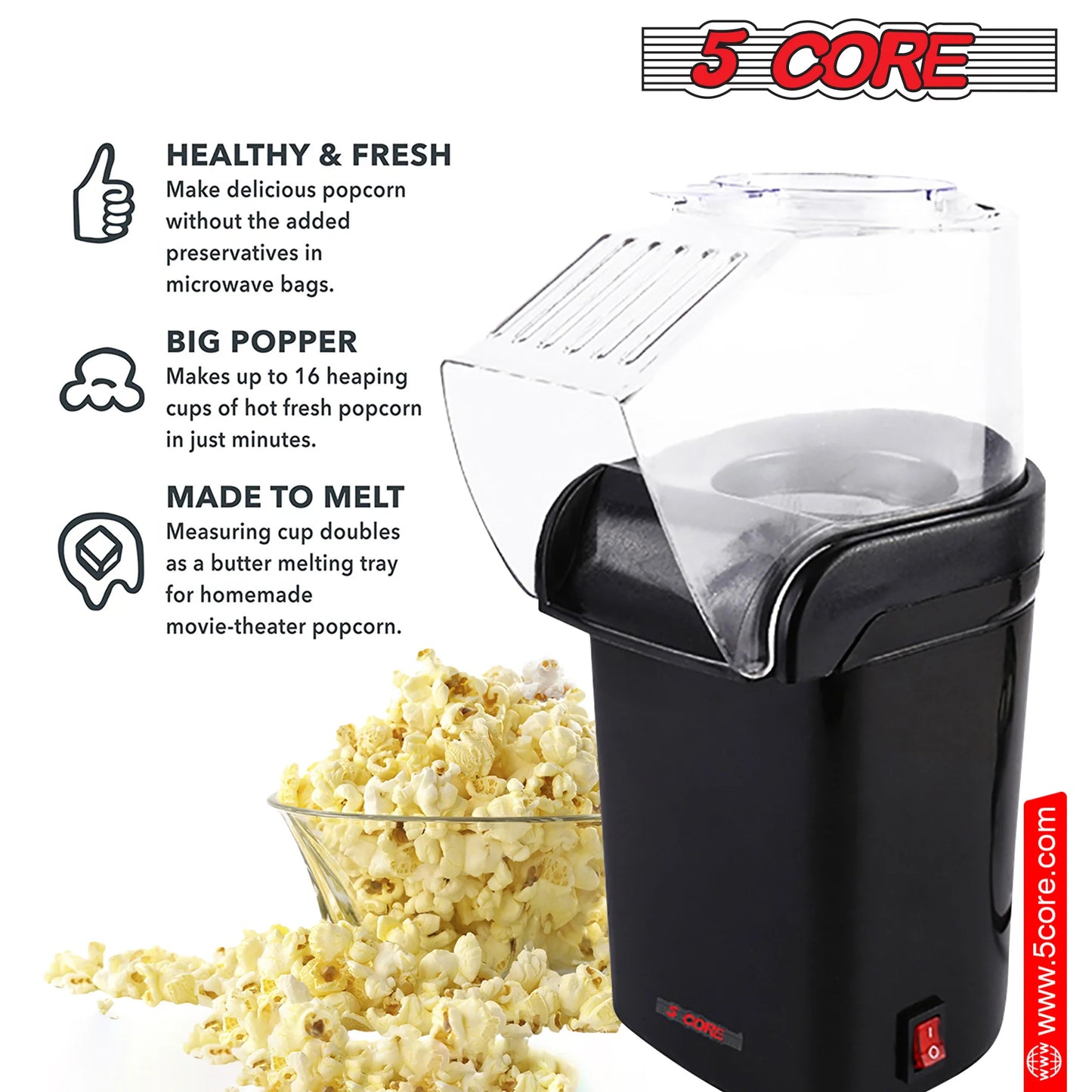 Popcorn Machine Hot Air Popper - Oil-Free, BPA-Free, 16 Cups