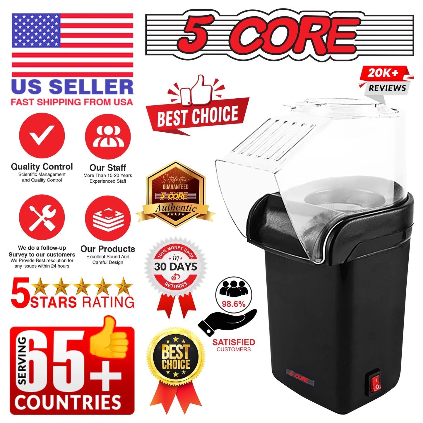 Popcorn Machine Hot Air Popper - Oil-Free, BPA-Free, 16 Cups