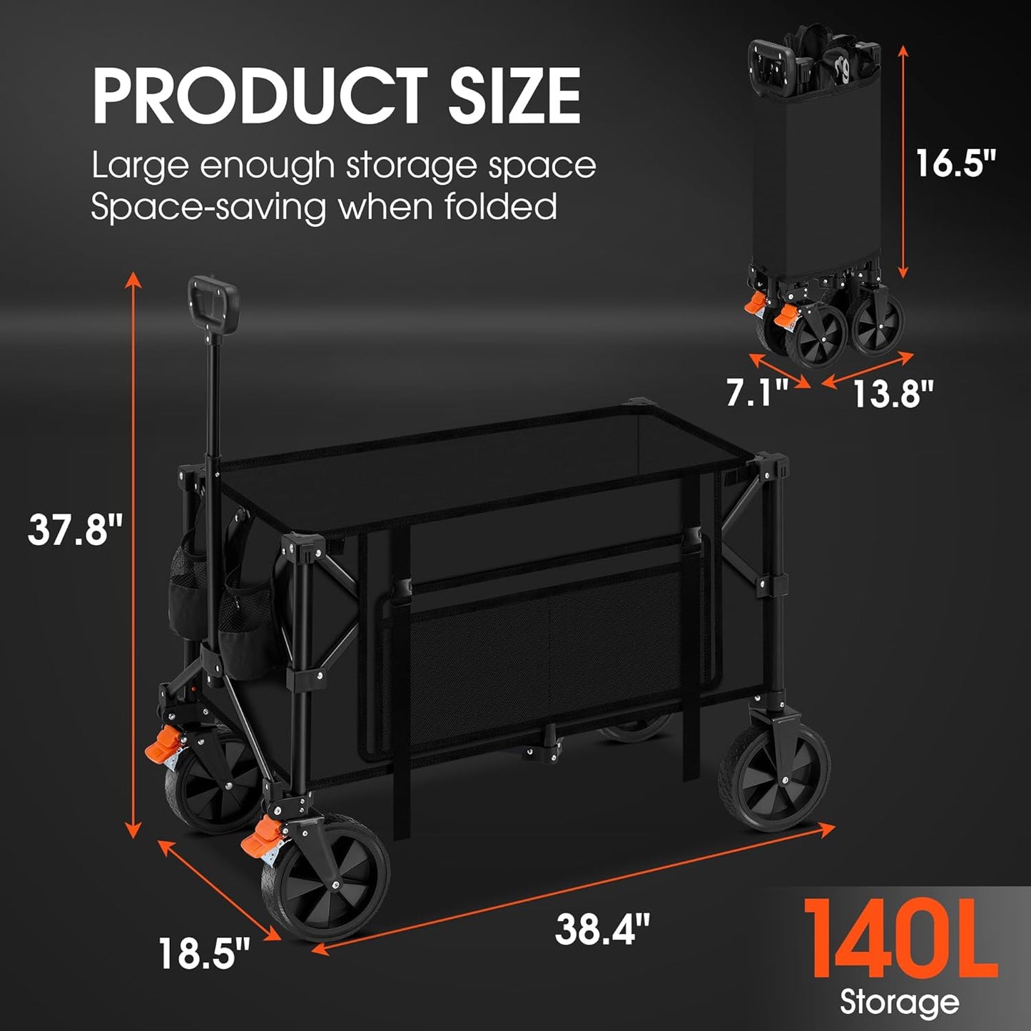 140L Collapsible Wagon Cart - Heavy Duty, All-Terrain, 350LBS