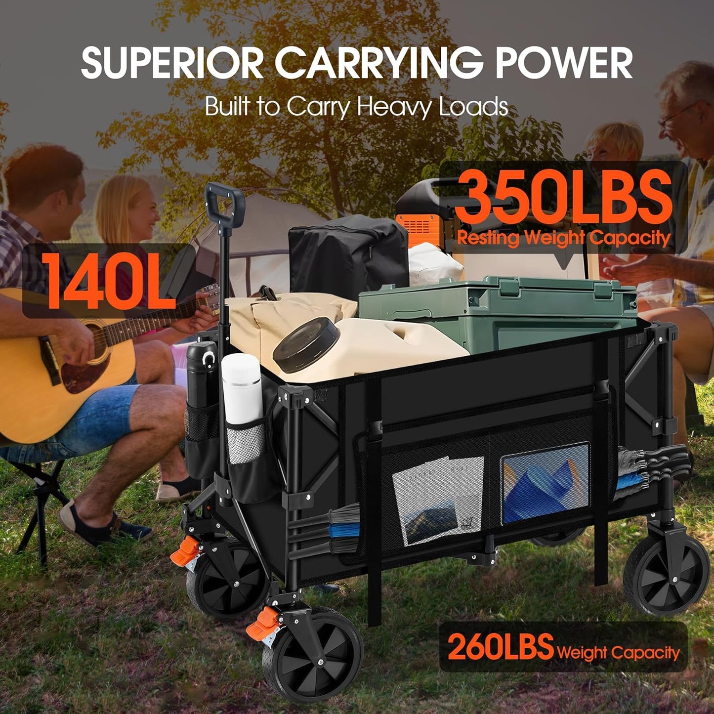 140L Collapsible Wagon Cart - Heavy Duty, All-Terrain, 350LBS