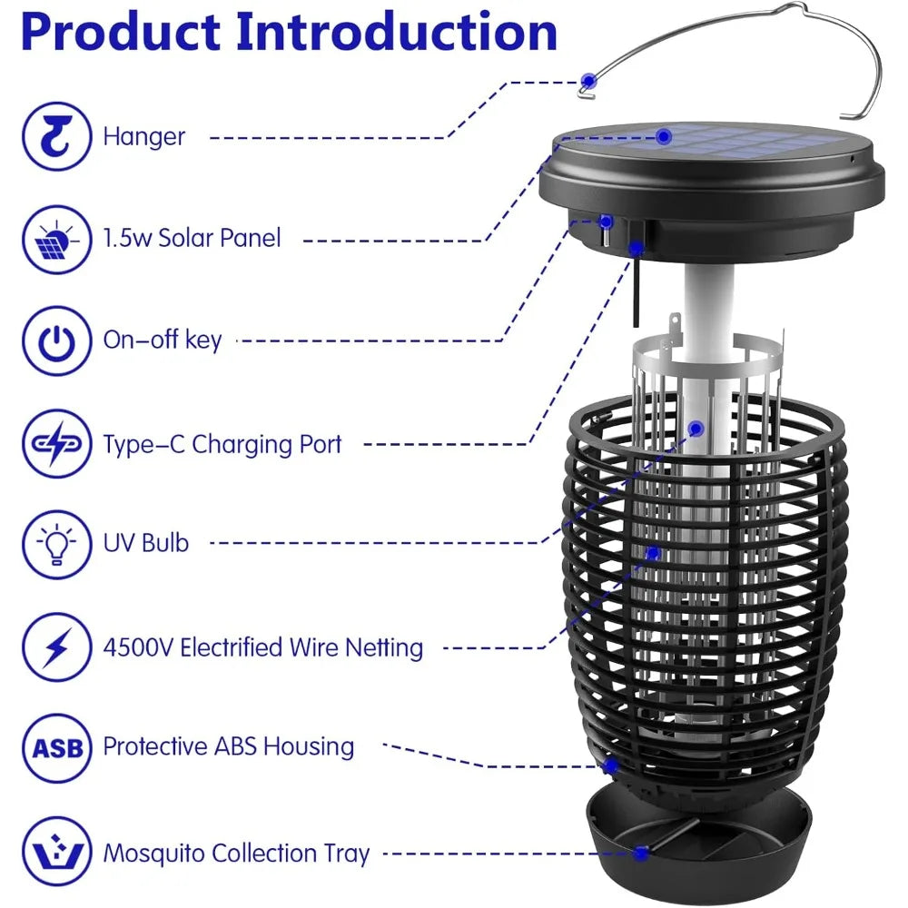 Solar Bug Zapper 4500V Mosquito Killer Lamp - Indoor/Outdoor