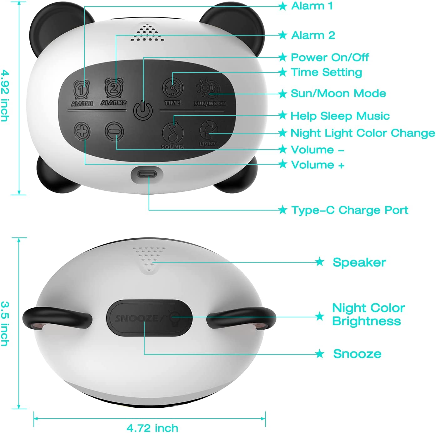 Cute Panda LED Alarm Clock with Night Light & Sleep Trainer