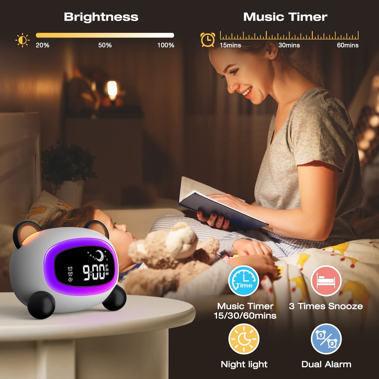 Cute Panda LED Alarm Clock with Night Light & Sleep Trainer
