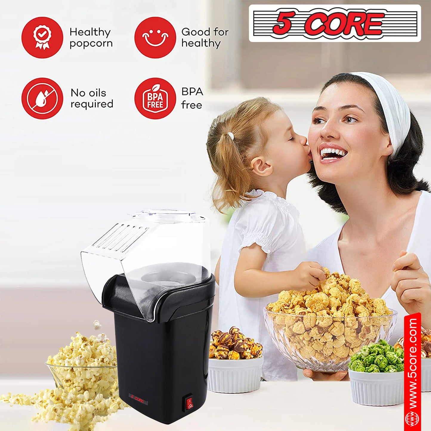 Popcorn Machine Hot Air Popper - Oil-Free, BPA-Free, 16 Cups