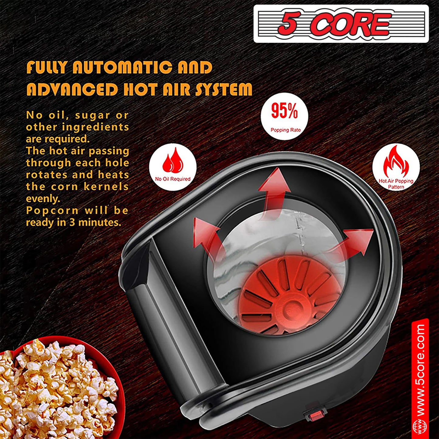 Popcorn Machine Hot Air Popper - Oil-Free, BPA-Free, 16 Cups
